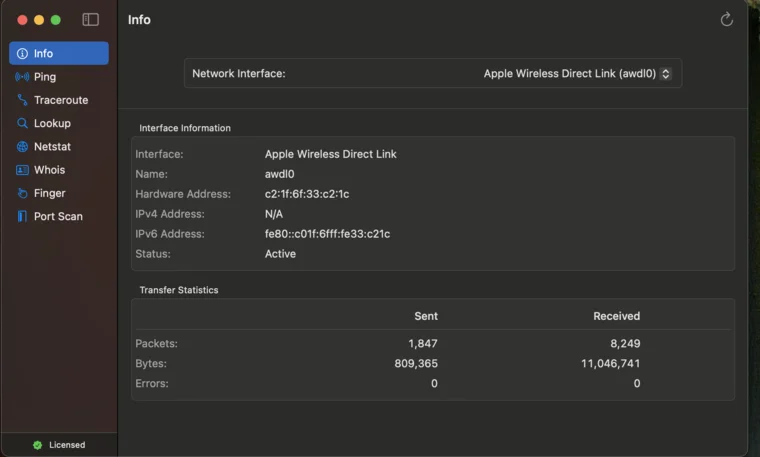 NetUtil app showing network diagnostic tools
