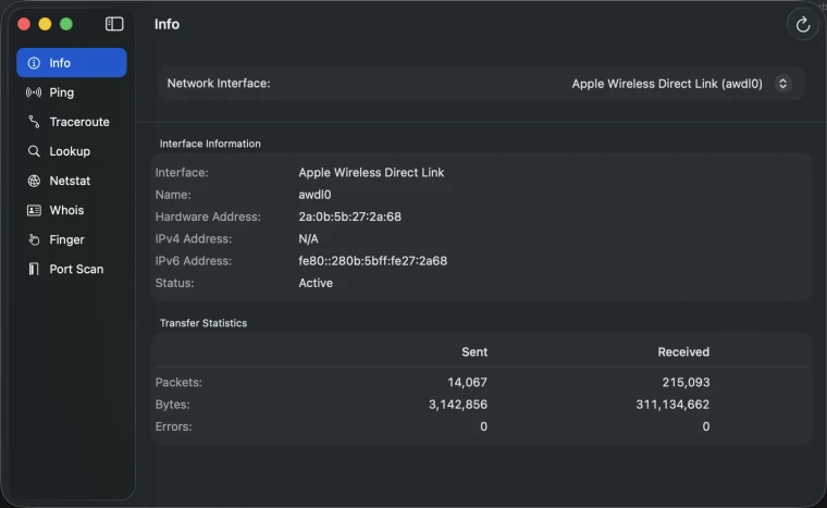 NetUtil app showing network diagnostic tools
