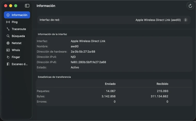 App NetUtil mostrando herramientas de diagnóstico de red