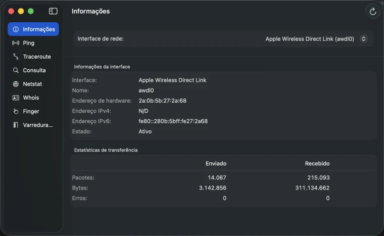 App NetUtil mostrando ferramentas de diagnóstico de rede